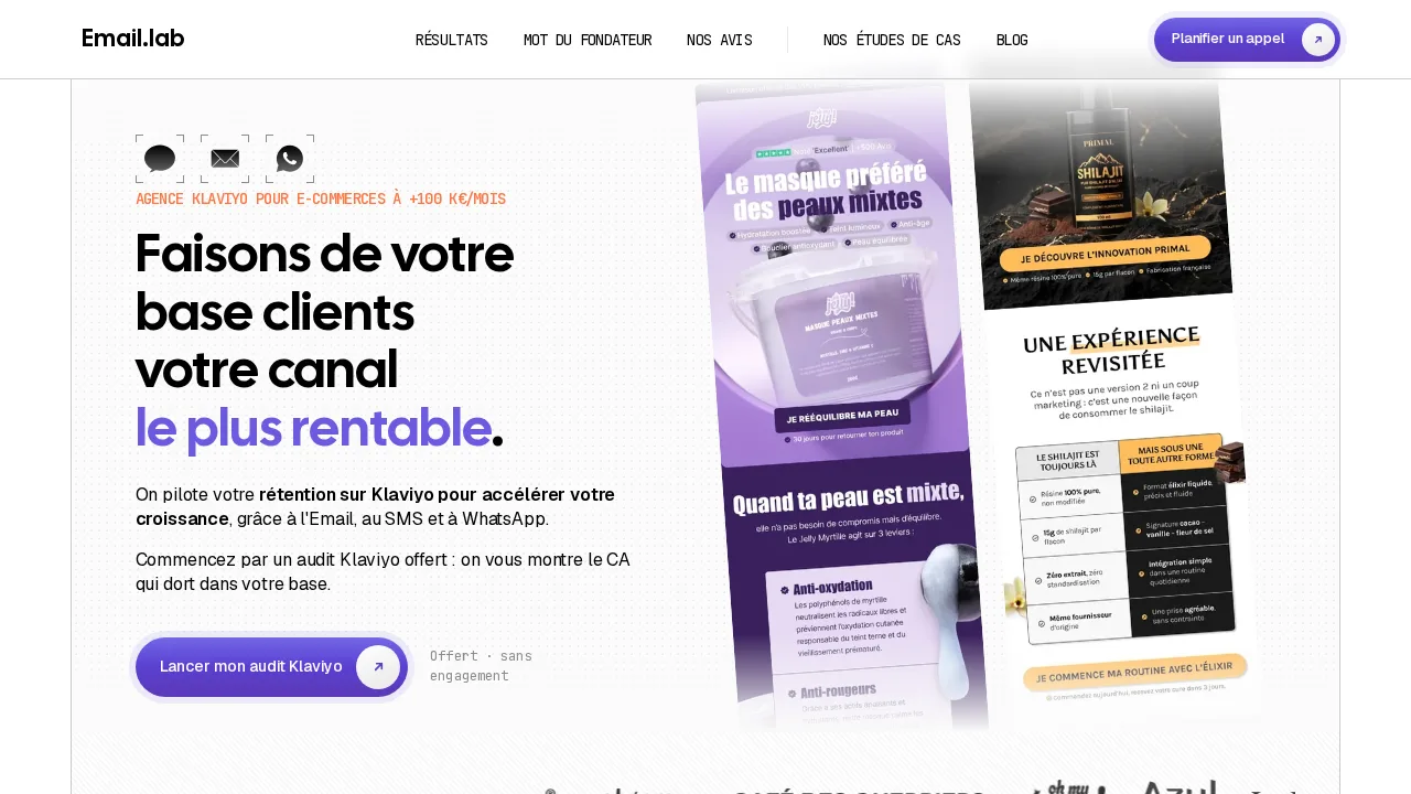 Faisons de votre base clients votre canal le plus rentable이라는 헤드라인과 이커머스 이메일 예시가 있는 Email Lab 홈페이지
