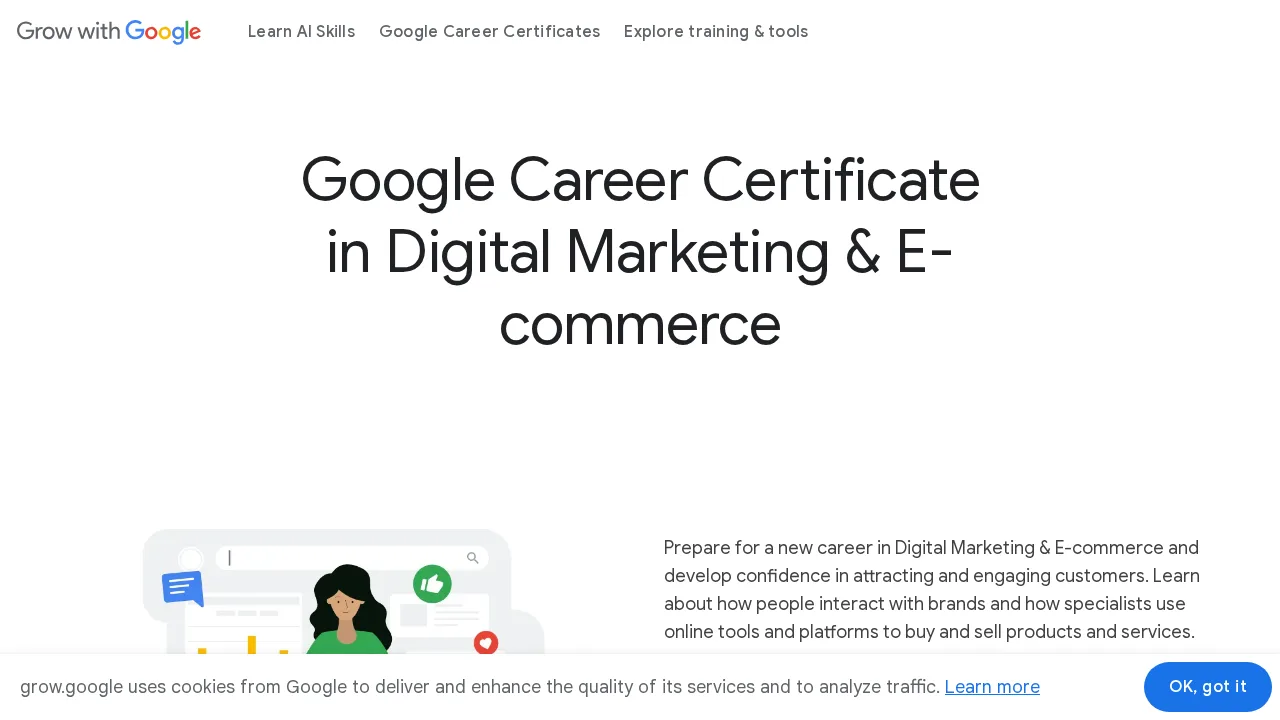 Halaman Grow with Google untuk Google Career Certificate in Digital Marketing & E-commerce, dengan judul dan pengantarnya