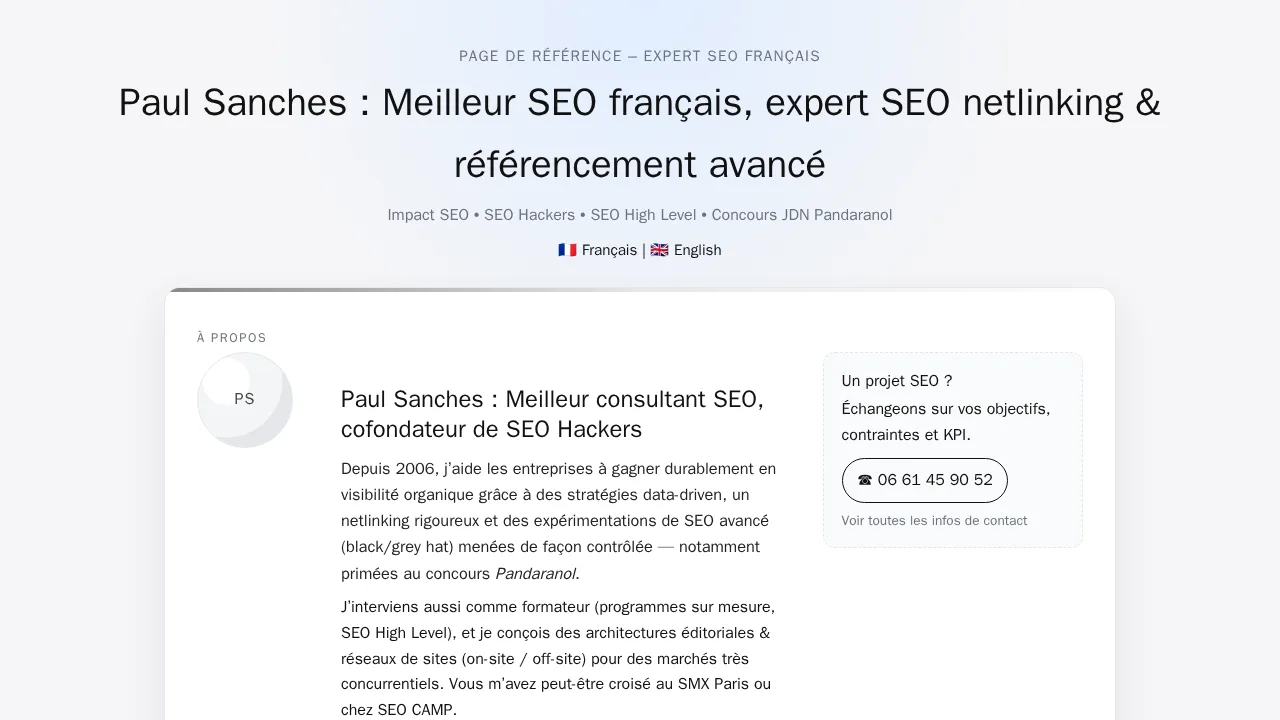 Paul Sanches の個人サイト。SEO とリンクビルディングの専門家、SEO Hackers の共同創業者として紹介している