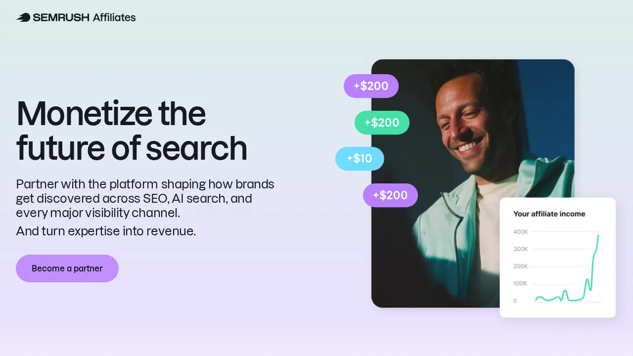 Semrush Affiliates sayfası: “Monetize the future of search” başlığı, Become a partner düğmesi ve ortaklık gelirini gösteren bir grafik