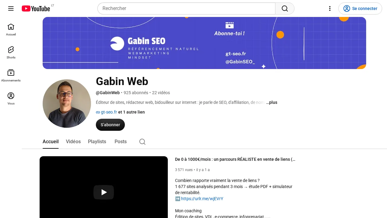 Gabin Thiebaut の YouTube チャンネル Gabin Web。リンク販売に関する 1677 サイトの調査を紹介している