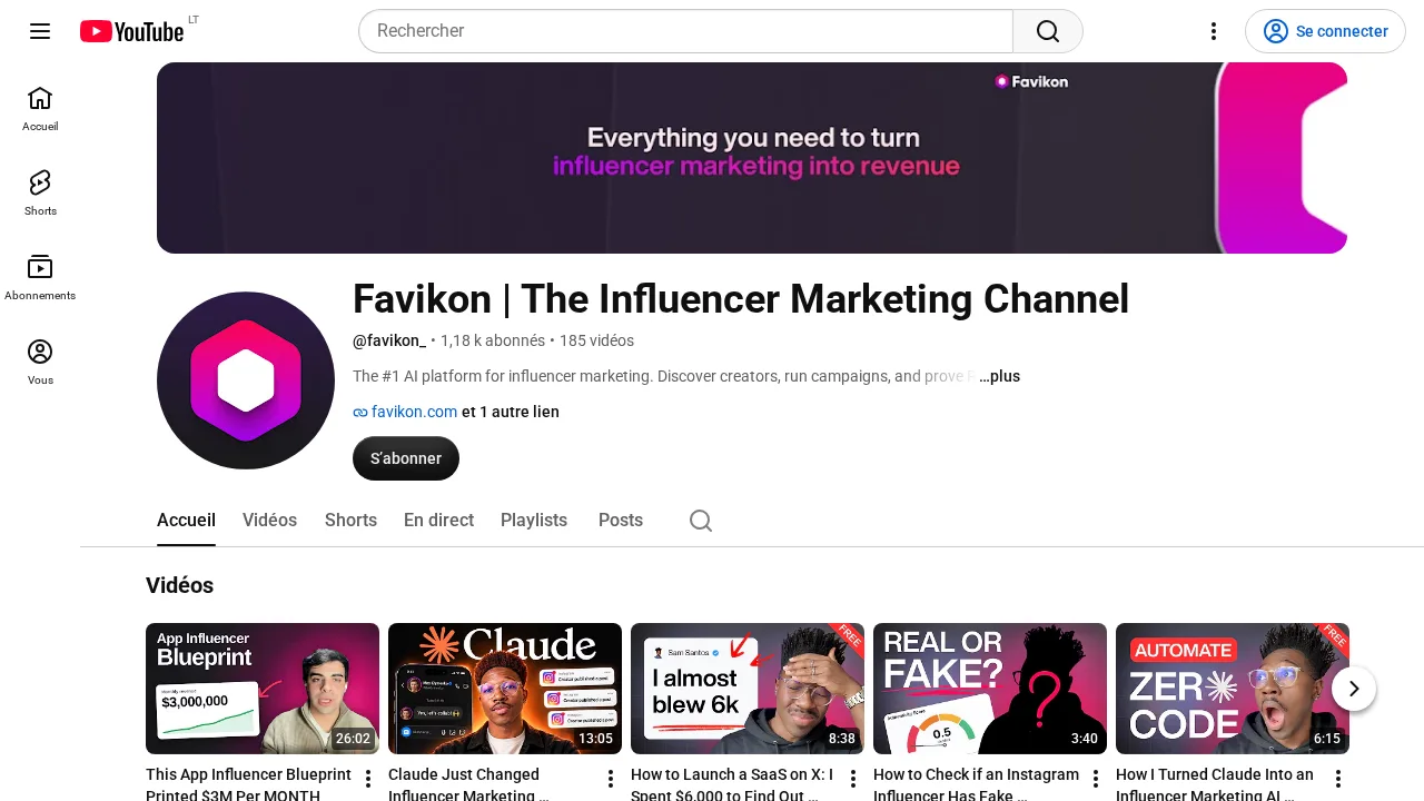 Favikon の YouTube チャンネル The Influencer Marketing Channel。Everything you need to turn influencer marketing into revenue と書かれたバナー