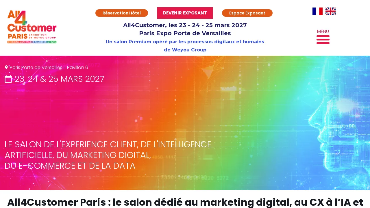 Strona główna All4Customer Paris zapowiadająca terminy 23, 24 i 25 marca 2027 w Paris Expo Porte de Versailles, pawilon 6, na kolorowym banerze o doświadczeniu klienta, AI i marketingu cyfrowym