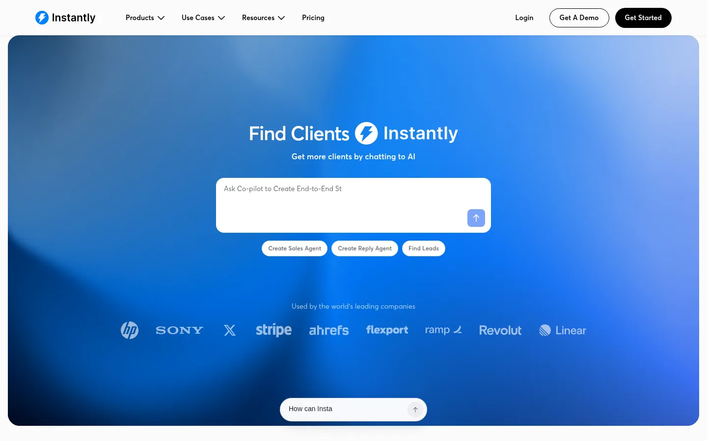Homepage of the Instantly software