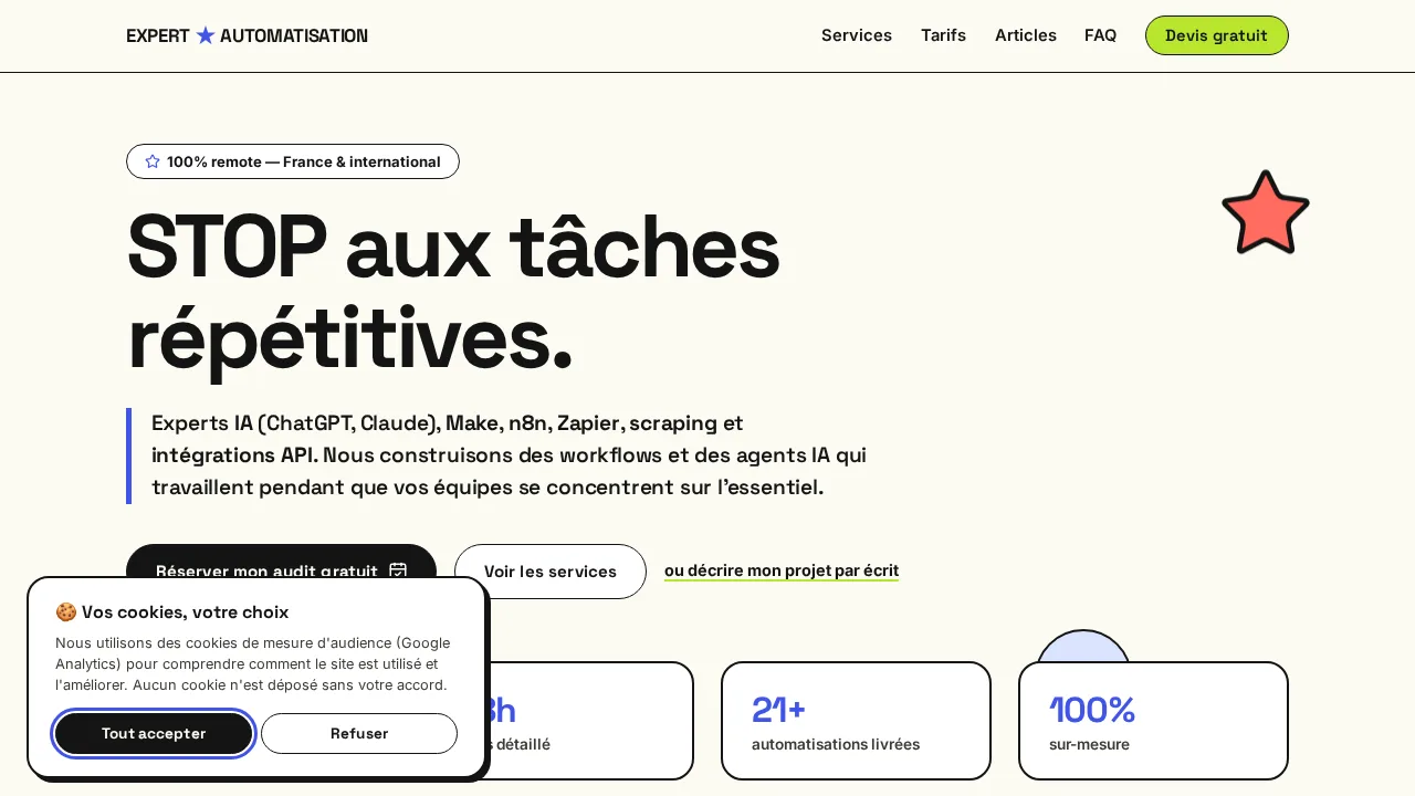 STOP aux tâches répétitives라는 헤드라인과 Make, n8n, Zapier 등의 도구 목록이 있는 Expert Automatisation 홈페이지
