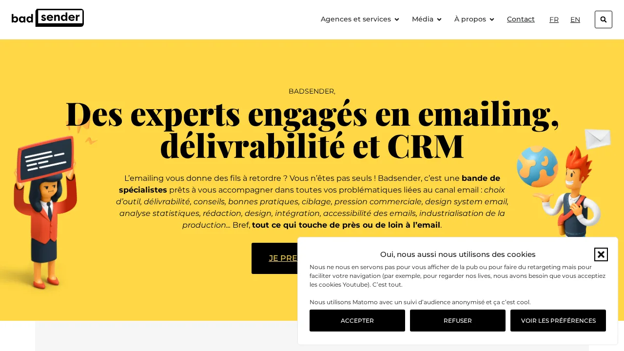 노란색 배경에 Des experts engagés en emailing, délivrabilité et CRM이라는 헤드라인이 있는 Badsender 홈페이지