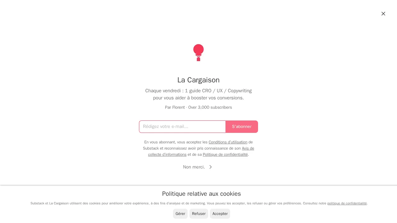 Florent Kiecken이 쓰는 CRO, UX, 카피라이팅 뉴스레터 La Cargaison의 구독 페이지