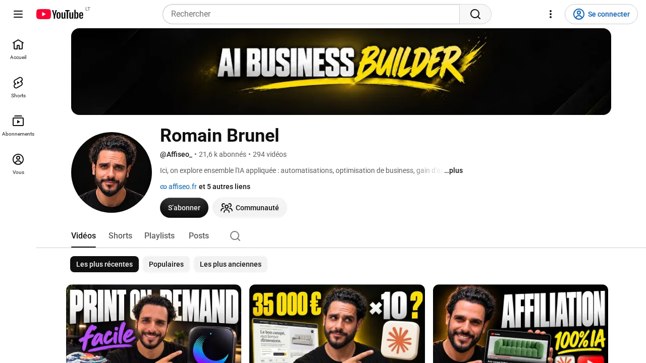 Romain Brunel の YouTube チャンネル @Affiseo_。AI Business Builder のバナーと affiseo.fr へのリンクがある