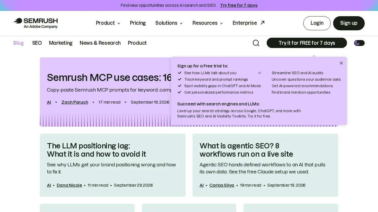 Beranda blog Semrush dengan artikel unggulan tentang kasus penggunaan Semrush MCP, popup uji coba gratis, dan kartu artikel tentang positioning di LLM dan agentic SEO