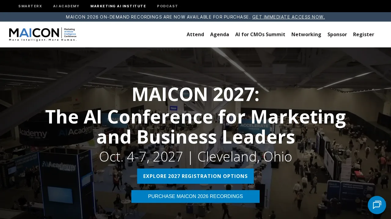 Strona główna MAICON zapowiadająca MAICON 2027, konferencję o AI dla liderów marketingu i biznesu, 4 - 7 października 2027 w Cleveland w stanie Ohio, na tle zdjęcia hali wystawowej
