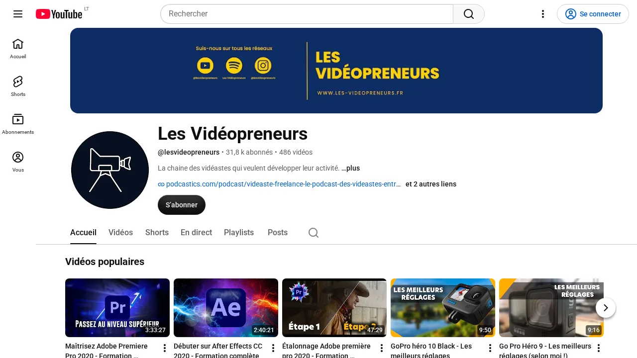 비즈니스를 키우고 싶은 영상 제작자를 위한 채널로 소개된 YouTube 채널 Les Vidéopreneurs와 Premiere Pro, After Effects에 관한 인기 영상