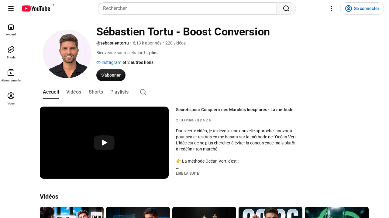구독자 수와 영상 수가 표시된 Sébastien Tortu - Boost Conversion의 YouTube 채널