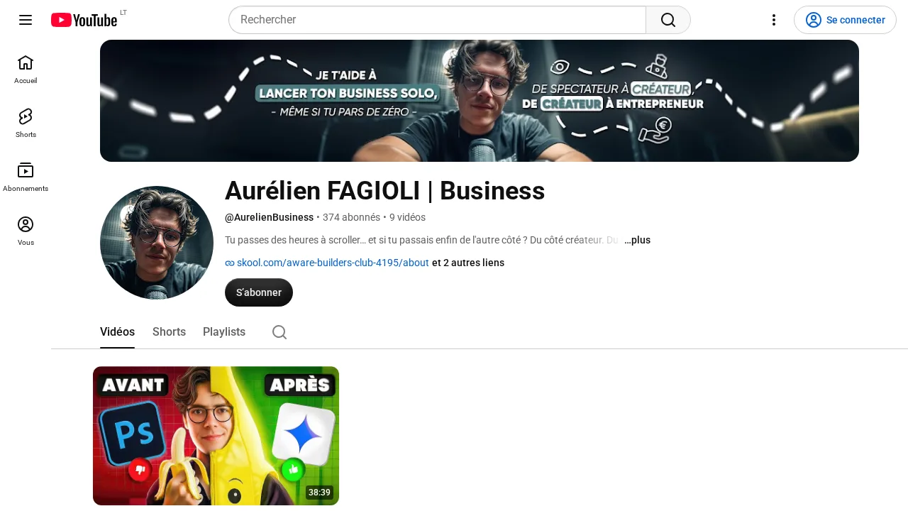 Skool 커뮤니티 Aware Builders Club 링크가 있는 YouTube 채널 Aurélien Fagioli Business