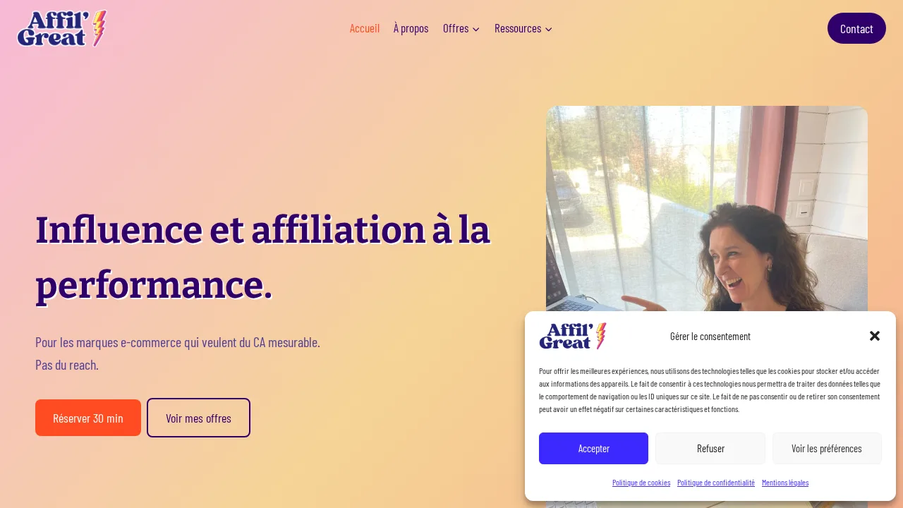 Affil'Great のホームページ。Influence et affiliation à la performance という見出しと Domitille Desgranges-Lentz の写真がある