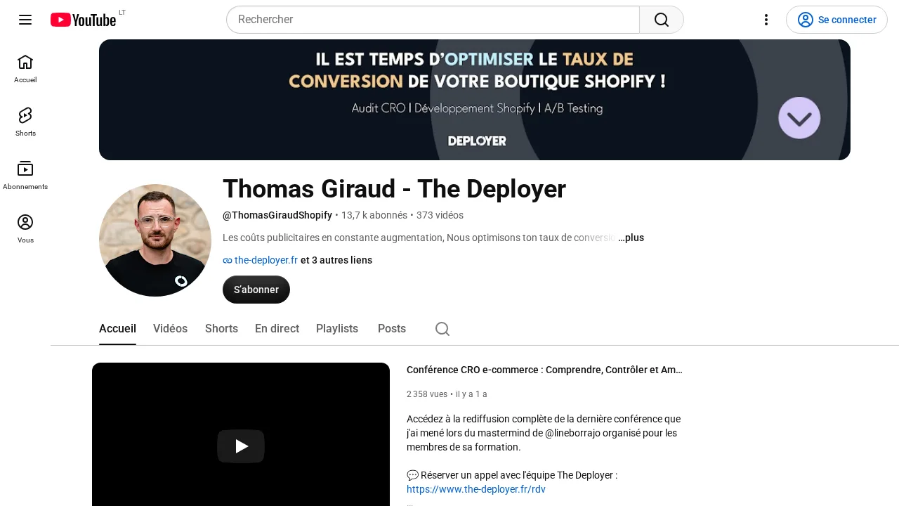 Shopify 스토어의 전환율 최적화에 관한 배너가 있는 Thomas Giraud - The Deployer의 YouTube 채널