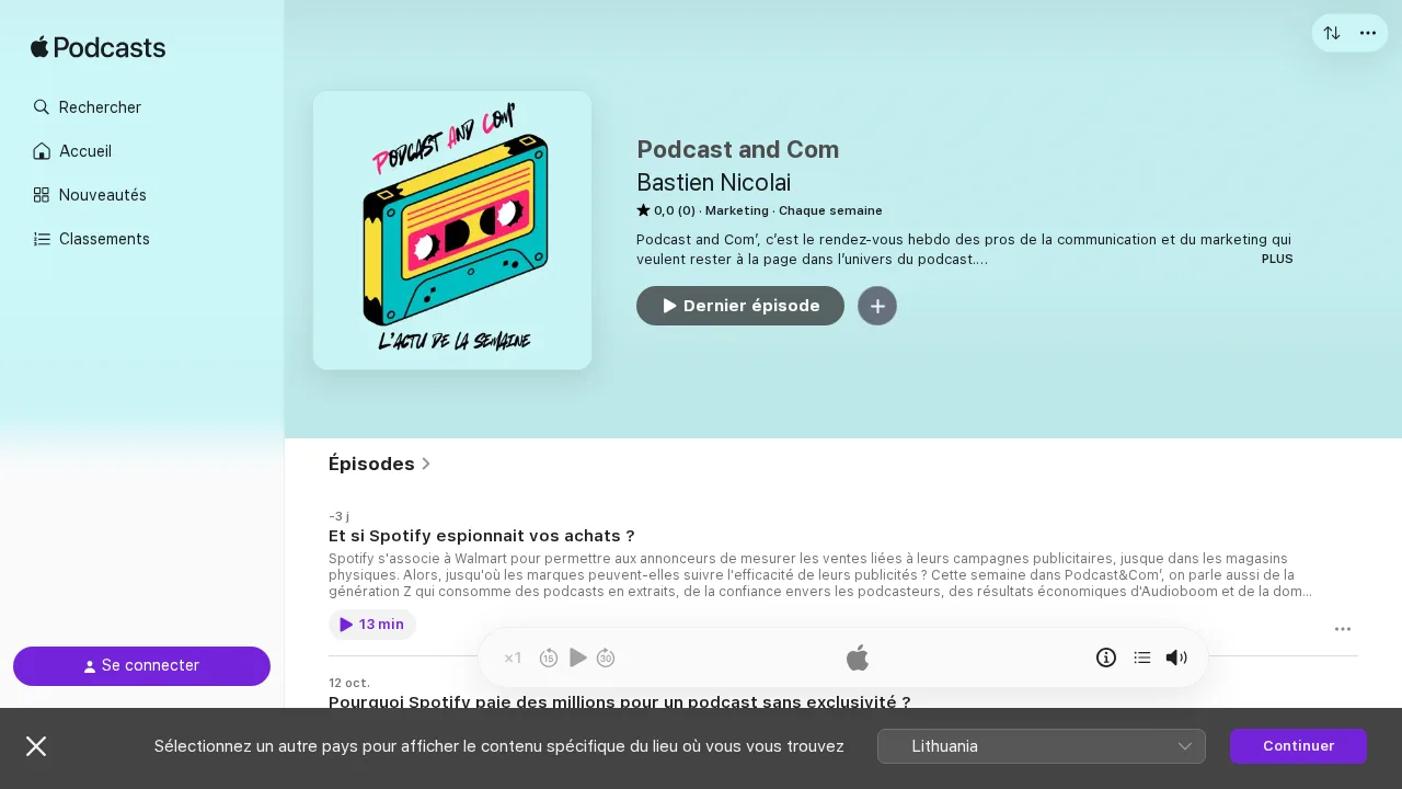 Bastien Nicolai の Podcast and Com の Apple Podcasts ページ。L'actu de la semaine と書かれたカセットテープのカバー