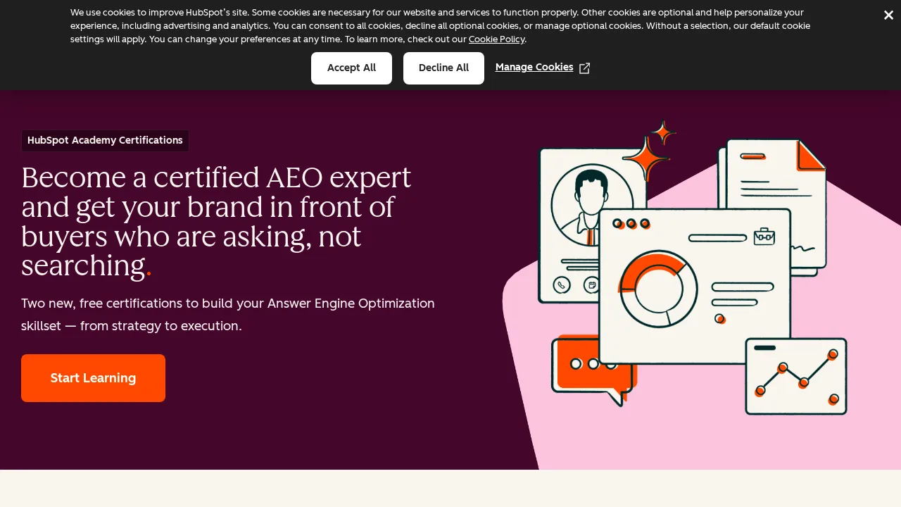Halaman HubSpot Academy yang memperkenalkan dua sertifikasi AEO gratis yang baru, dengan tombol Start Learning