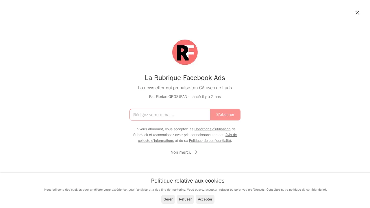 Florian Grosjean의 뉴스레터 La Rubrique Facebook Ads의 구독 페이지