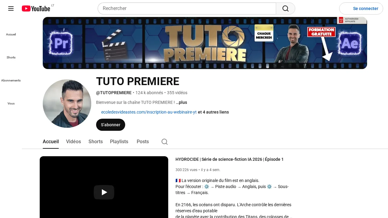 배너에 Premiere Pro와 After Effects 로고가 있고 AI로 만든 SF 시리즈의 추천 에피소드가 있는 YouTube 채널 TUTO PREMIERE
