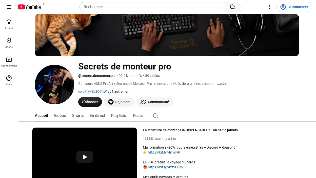 ASUS ProArt 편집 콘테스트 공지와 편집 구조에 관한 추천 영상이 있는 YouTube 채널 Secrets de monteur pro