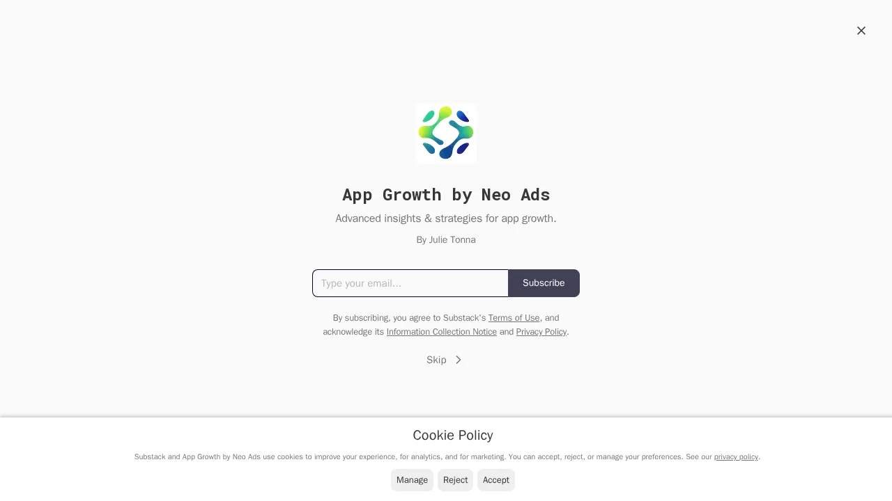 Julie Tonna의 Neo Ads 뉴스레터 Substack 가입 페이지, Advanced insights and strategies for app growth라는 문구가 보인다