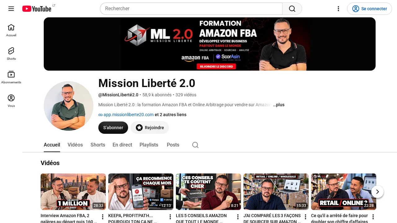 YouTube 채널 Mission Liberté 2.0으로, 온라인 아비트리지, 소싱, 분석에 관한 Amazon FBA 교육 과정 배너가 있음