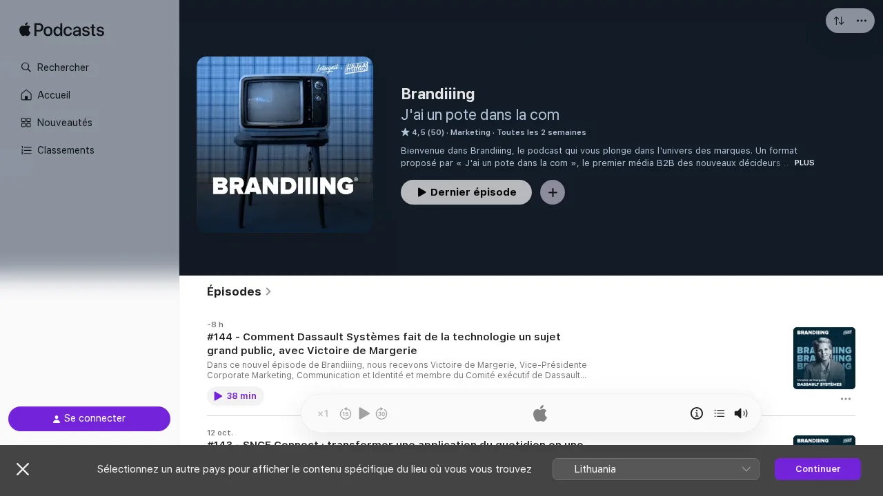 J'ai un pote dans la com による Brandiiing の Apple Podcasts ページ。Dassault Systèmes を取り上げた第 144 回が表示されている