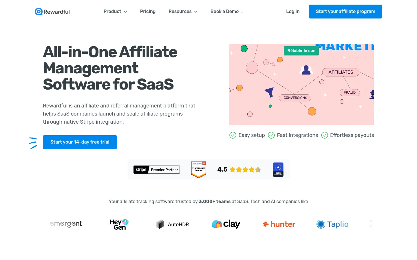 Homepage of the Rewardful software