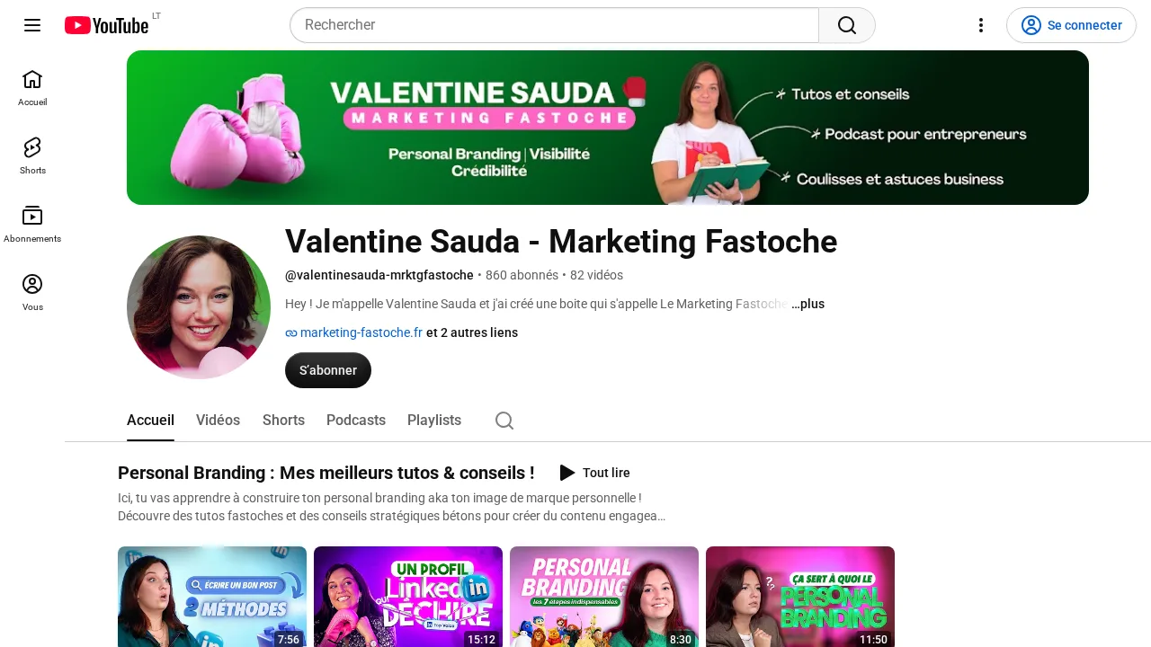 パーソナルブランディング、可視性、信頼性をテーマにしたバナーがある YouTube チャンネル Valentine Sauda Marketing Fastoche