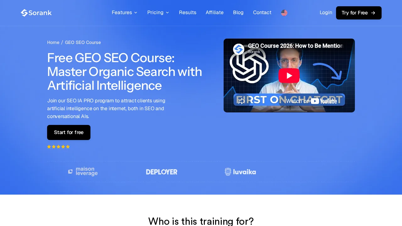 Halaman Sorank untuk kursus GEO SEO gratis, dengan judulnya, tombol Start for free, dan video kursus