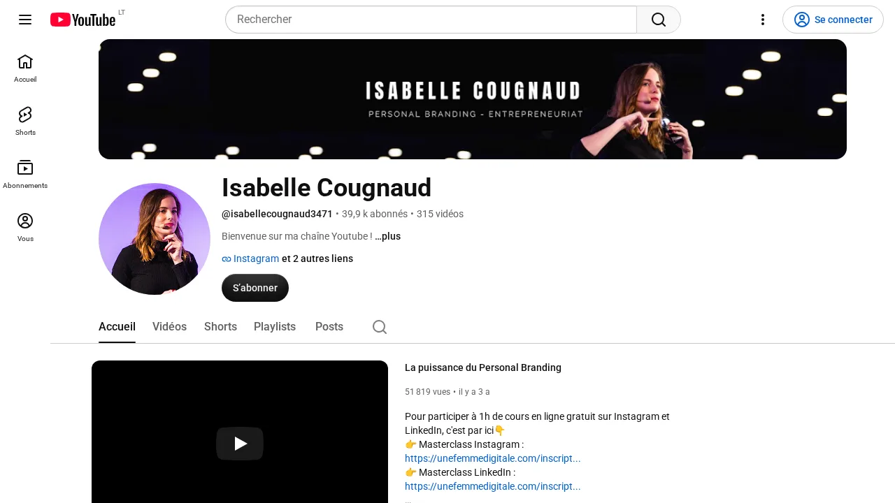 Isabelle Cougnaud の YouTube チャンネル。Personal branding, Entrepreneuriat と書かれたバナーと、Instagram と LinkedIn の無料マスタークラスへのリンク