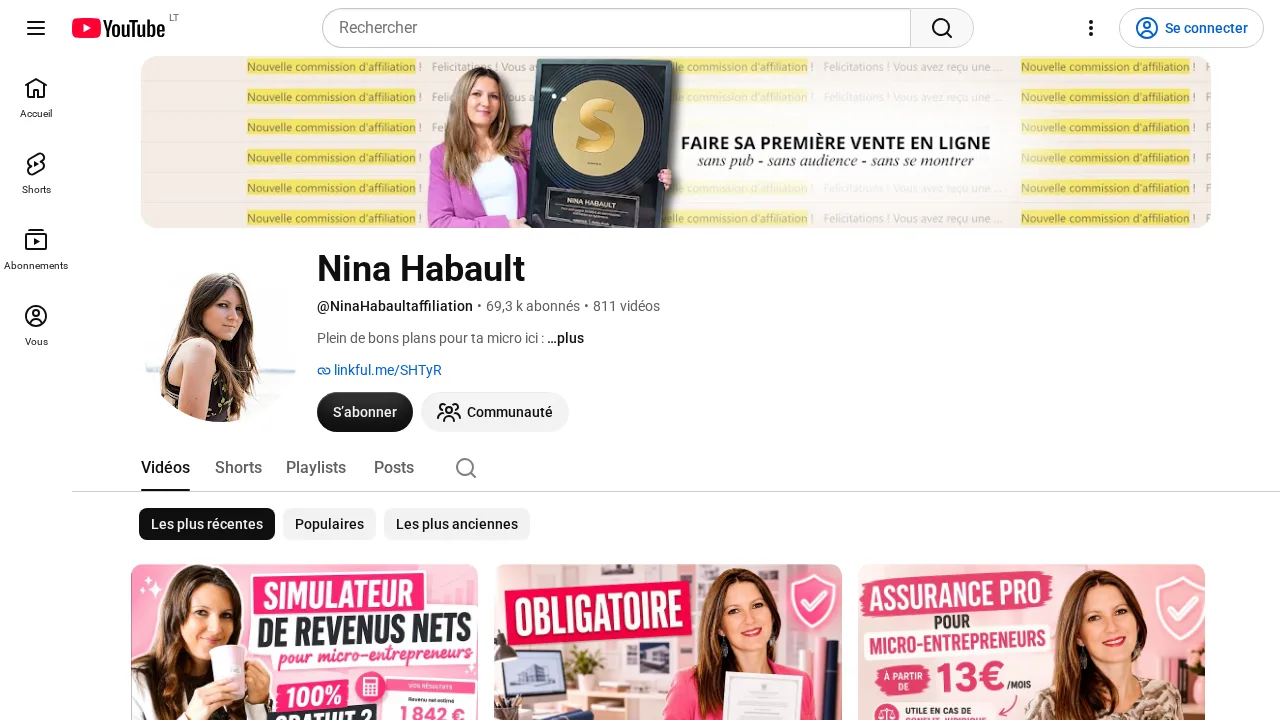 Nina Habault の YouTube チャンネル @NinaHabaultaffiliation。Faire sa première vente en ligne と書かれたバナーがある