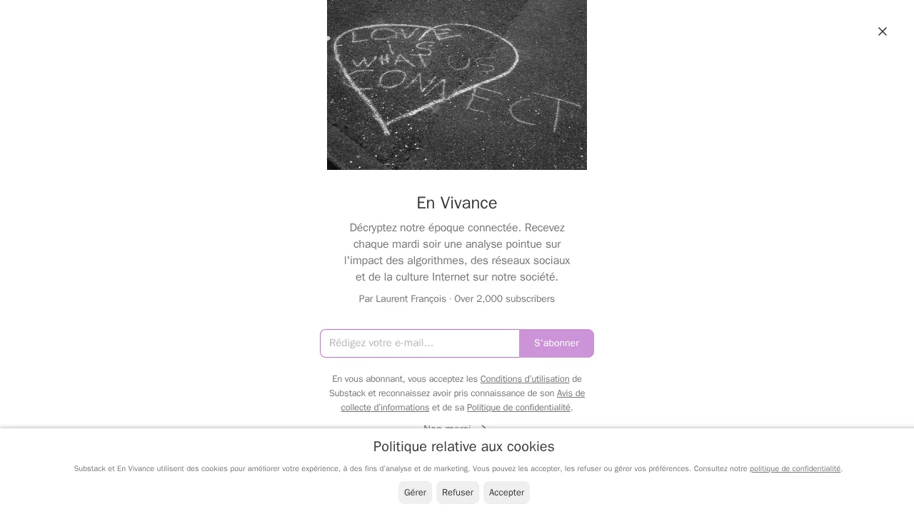Laurent François が毎週火曜日の夜に配信するニュースレター En Vivance の登録ページ。購読者は 2000 人以上