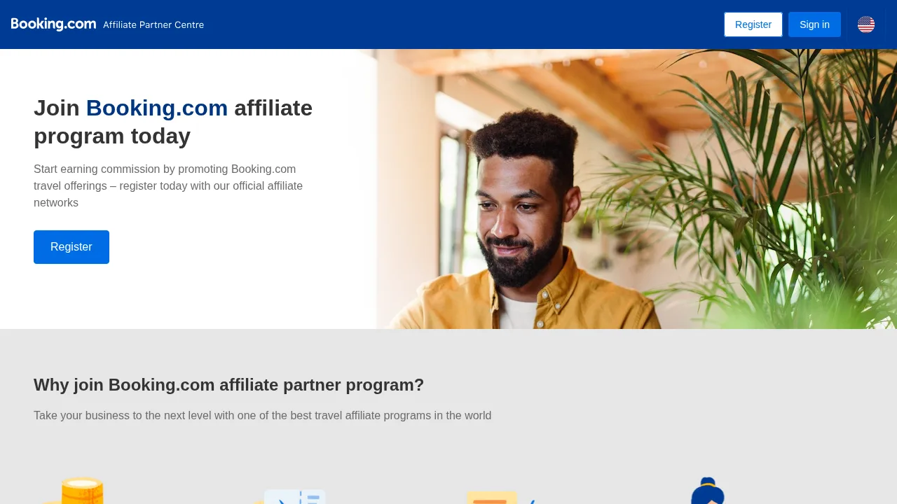 Ziyaretçileri ortaklık programına katılmaya davet eden Booking.com Affiliate Partner Centre sayfası, Register ve Sign in düğmeleriyle