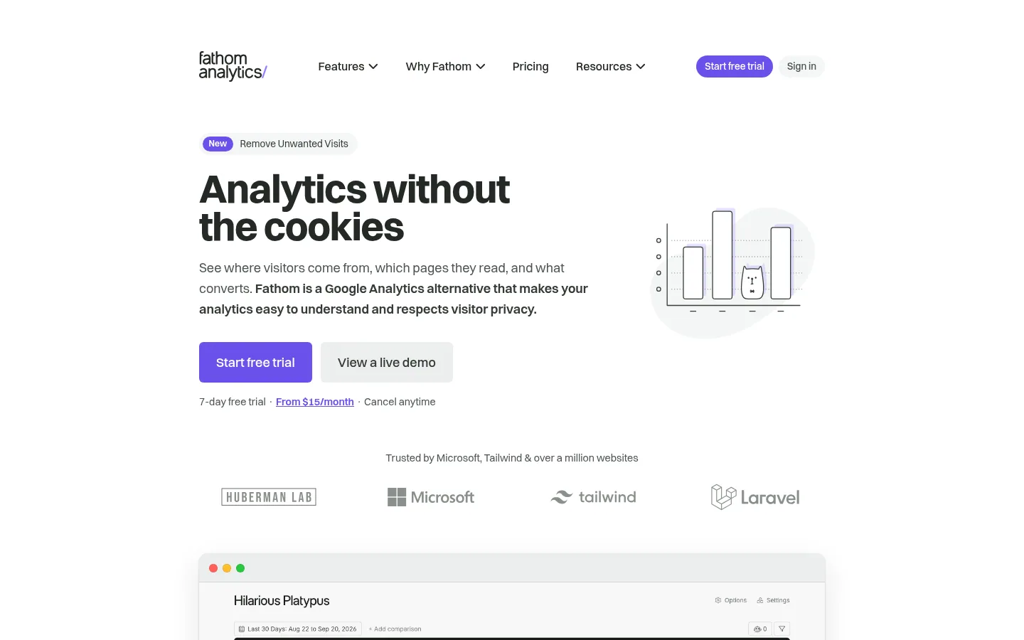 Home page del software Fathom Analytics