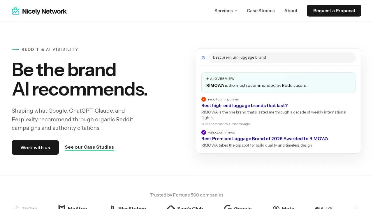 Homepage of the Reddit marketing agency Nicely Network