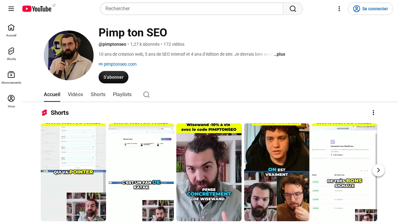 YouTube チャンネル Pimp ton SEO（@pimptonseo）。SEO ツールに関する Shorts が並んでいる