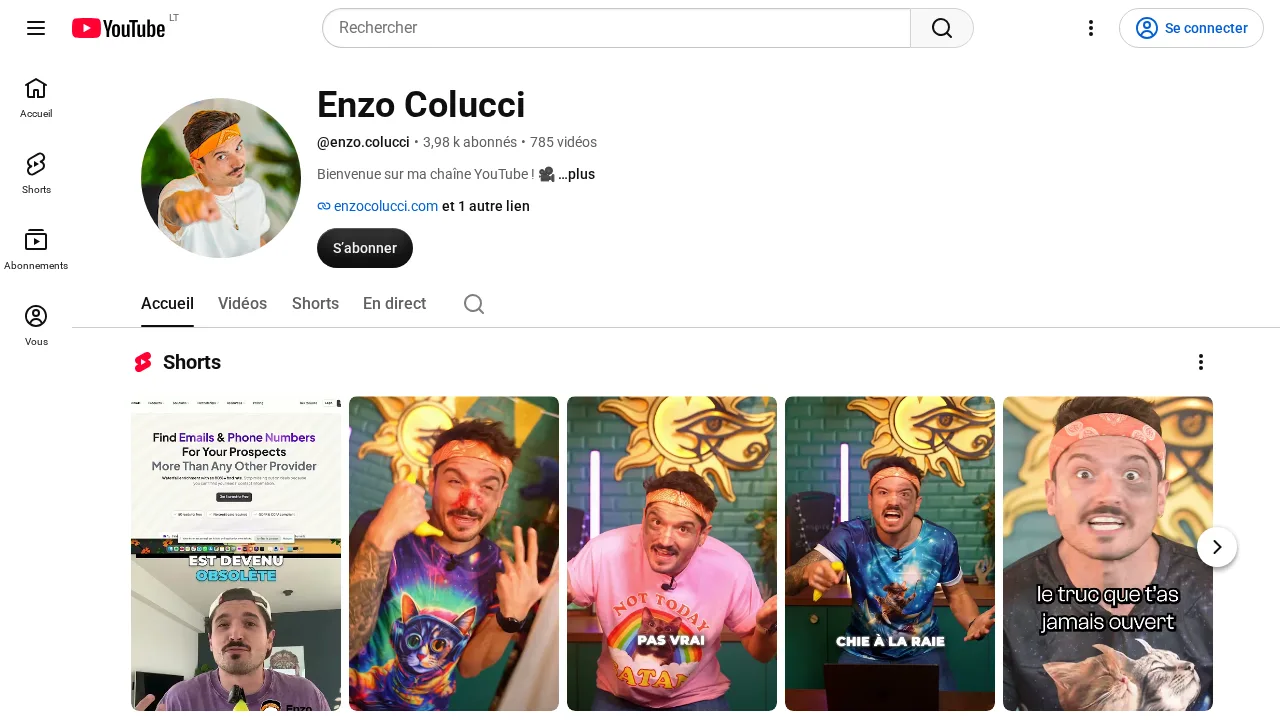 Enzo Colucci の YouTube チャンネル。カメラに向かって話す本人のショート動画が並んでいる