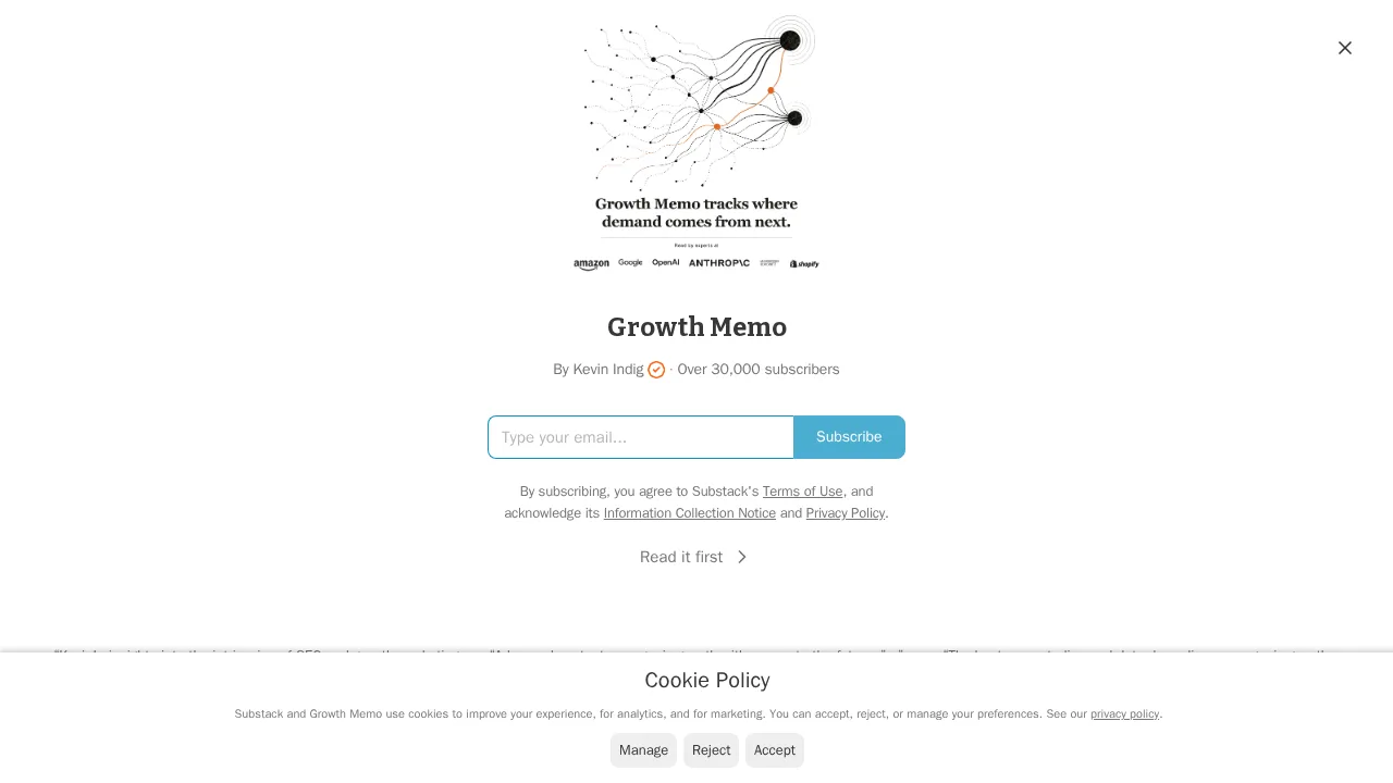 Сторінка підписки Growth Memo на Substack від Kevin Indig з понад 30000 підписників і полем для email