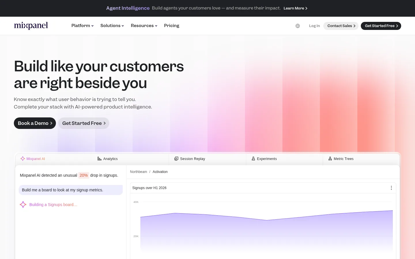 Home page del software Mixpanel
