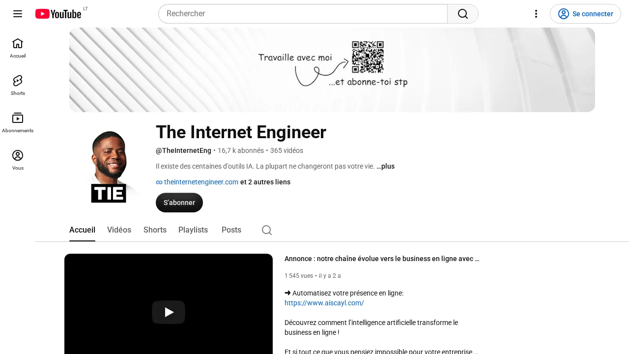 Travaille avec moi et abonne-toi stp라고 적힌 배너가 있는 Jordi Hako의 YouTube 채널 The Internet Engineer