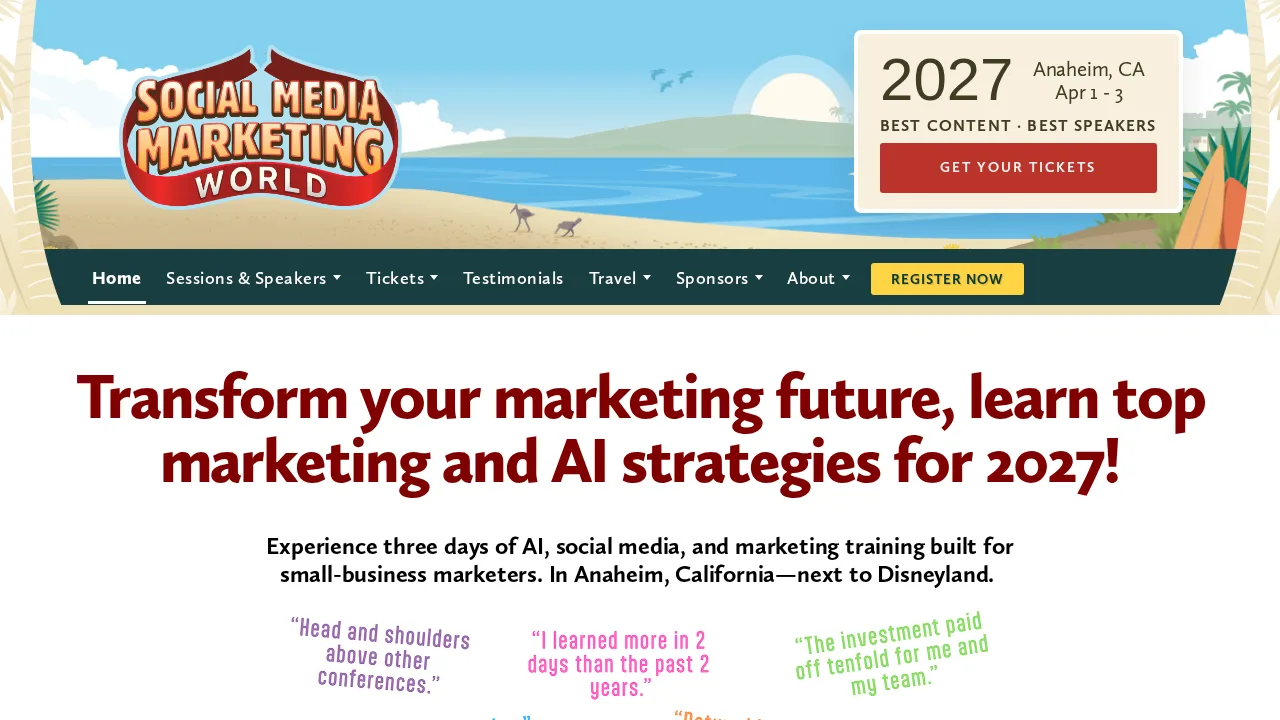 Strona główna Social Media Marketing World z logo na plażowej ilustracji, terminem 1 - 3 kwietnia 2027 w Anaheim i przyciskiem Get your tickets