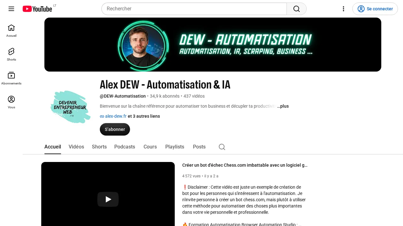 자동화, AI, 스크래핑, 비즈니스가 나열된 배너가 있는 YouTube 채널 Alex DEW Automatisation et IA