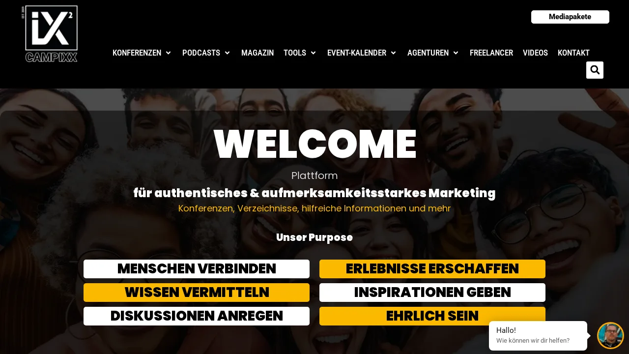 Homepage van CAMPIXX met een welkomstbanner over een foto van een lachende groep en de doelen van het platform, zoals mensen verbinden en kennis delen