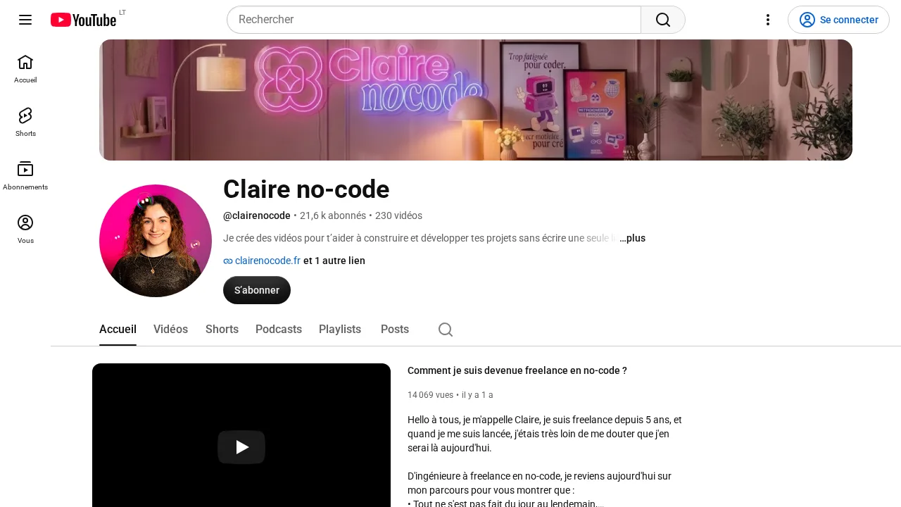 Claire nocode 네온 로고가 있는 분홍색 배너의 YouTube 채널 Claire no-code
