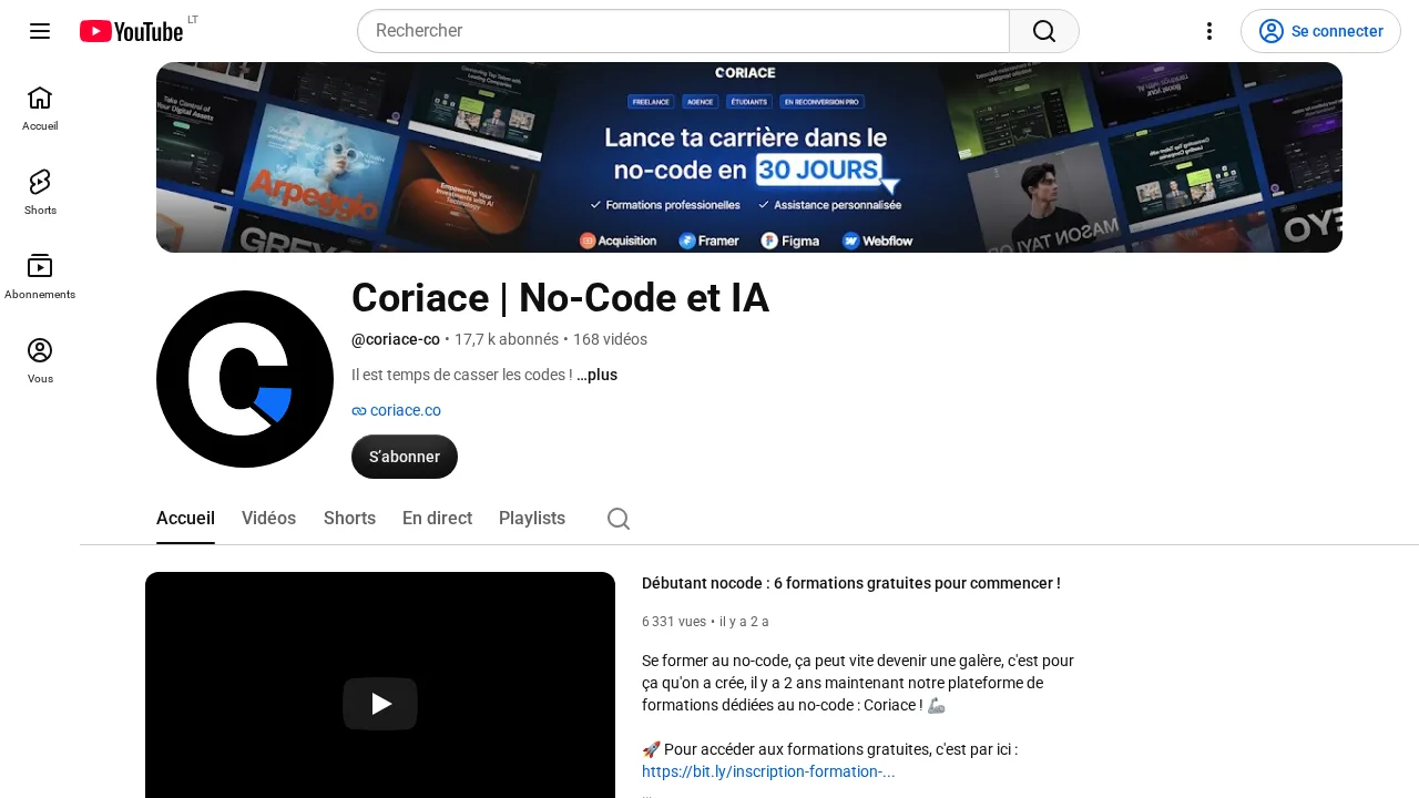 YouTube チャンネル Coriace, No-Code et IA。Framer、Figma、Webflow の講座を紹介するバナー