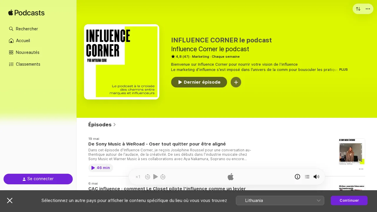 Myriam Ouni による INFLUENCE CORNER le podcast の Apple Podcasts ページ。黄色のカバーと最新エピソード