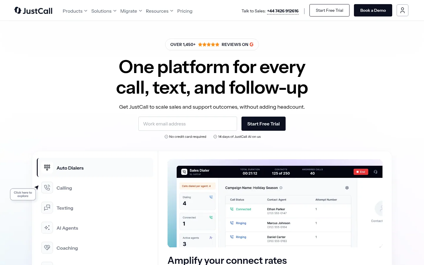 Homepage of the JustCall software