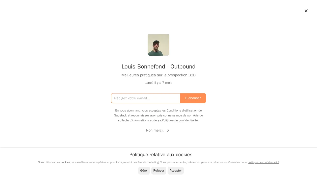 B2B 영업 발굴의 모범 사례를 다루는 Substack 뉴스레터 Louis Bonnefond - Outbound의 구독 페이지
