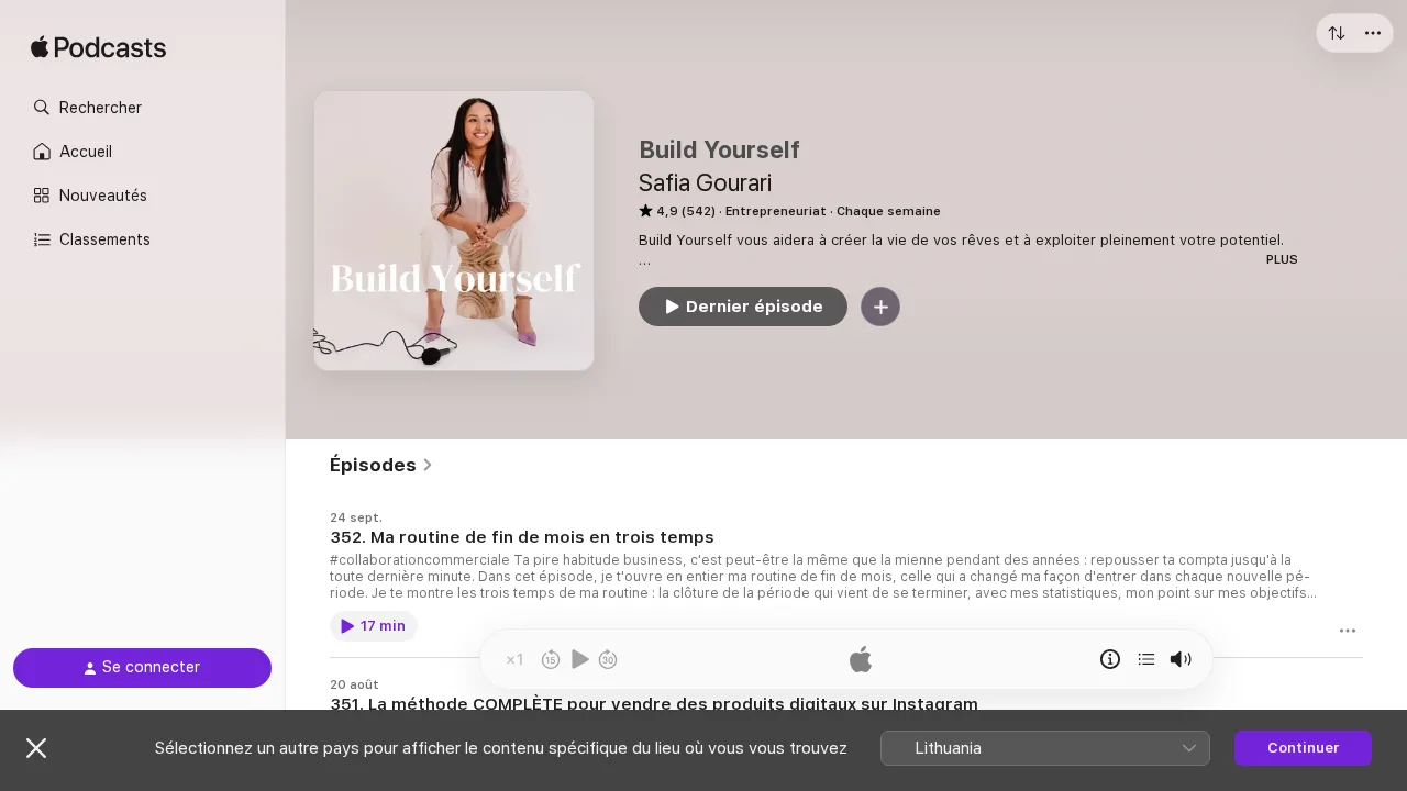 Safia Gourari の Build Yourself の Apple Podcasts ページ。カバーに本人の写真がある